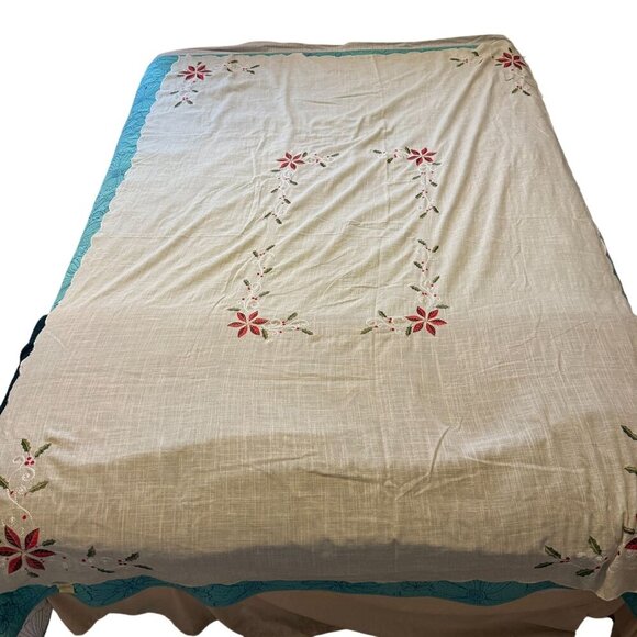 Lenox Tablecloth Christmas Poinsettia Linen Blend Rectangle ~80x57 Scallop Edge - Picture 5 of 7